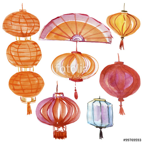 500x500 Set Of Chinese Red Lanterns. Watercolor Illustration. Watercolor
