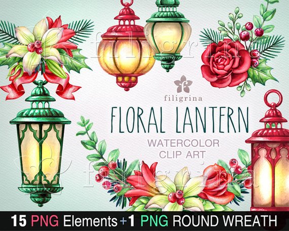570x456 Floral Lantern Watercolor Clip Art. Png Elements Christmas Etsy