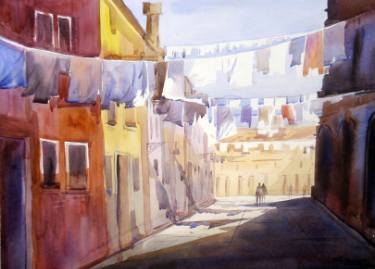 375x269 Venice Laundry Watercolor On Paper Painting By Samiran Sarkar