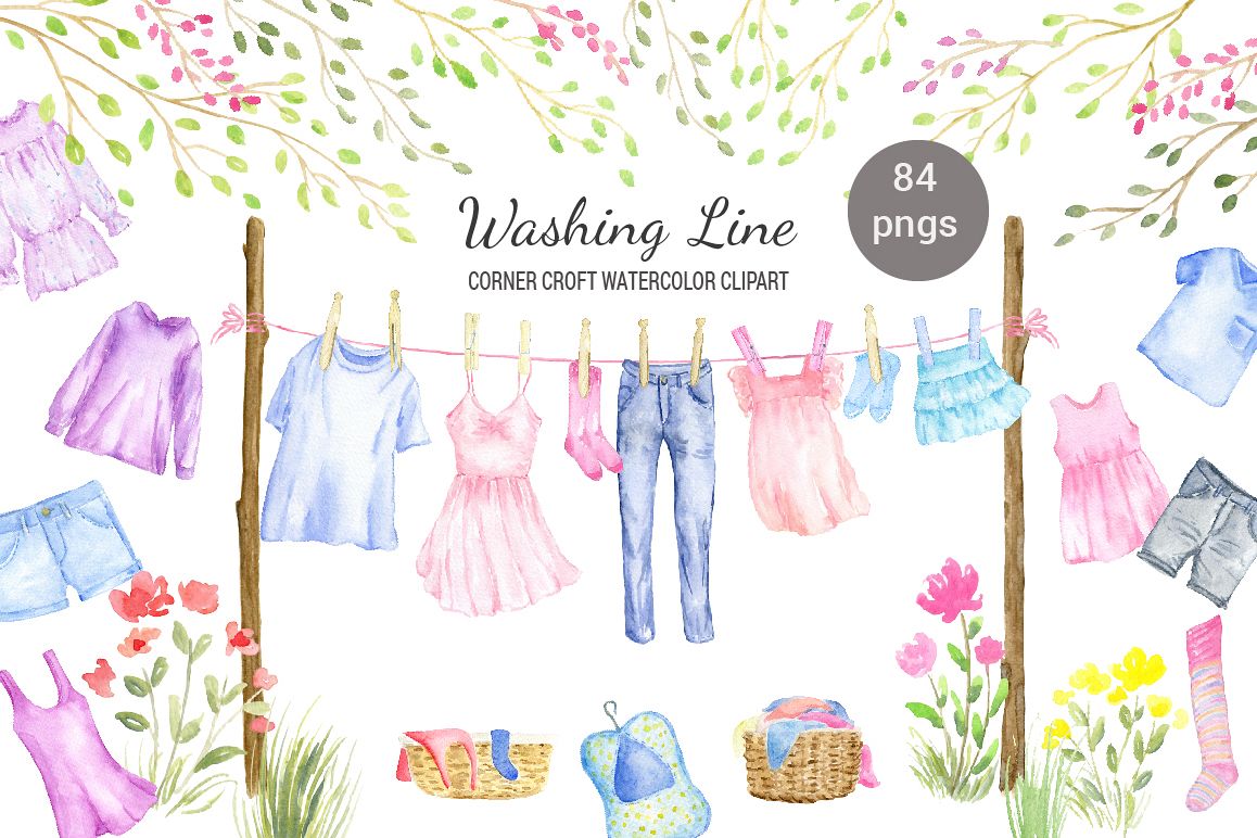 1158x772 Watercolor Washing Line Clipart, Clothes Line Clipart, Fashion