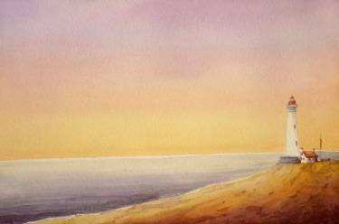 375x248 Morning Lighthouse Watercolor On Paper Painting By Samiran Sarkar