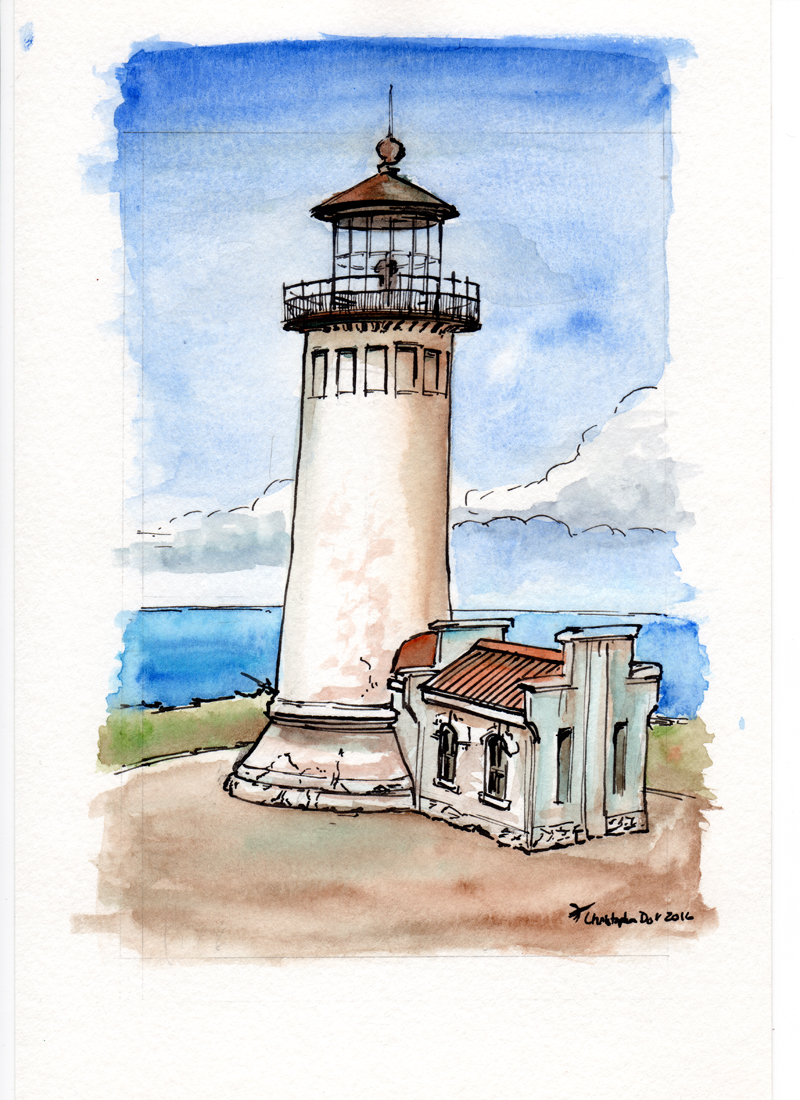 800x1100 North Head Lighthouse Original Watercolor Space Art By