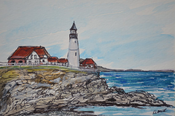 570x378 Portland Headlight Lighthouse Maine Original Watercolor Kellie