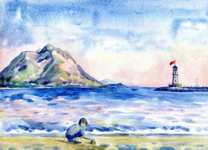 700x504 Little Boy On The Beach. Seascape With Lighthouse. Watercolor