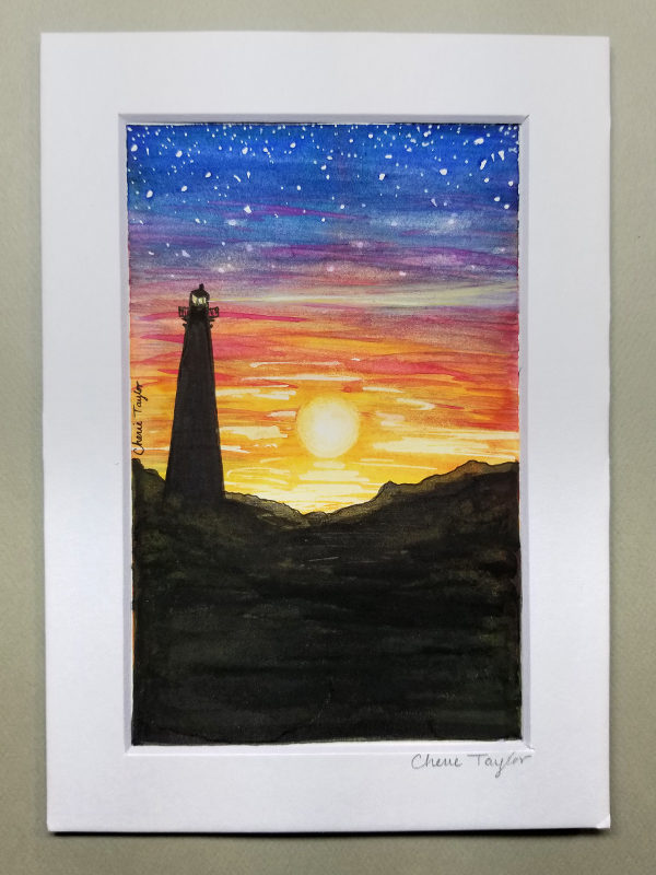600x800 Mountain Lighthouse Sunset Original X Watercolor Painting