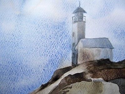 400x300 Original Watercolor Painting Lighthouse And Nets On Foggy Rocky