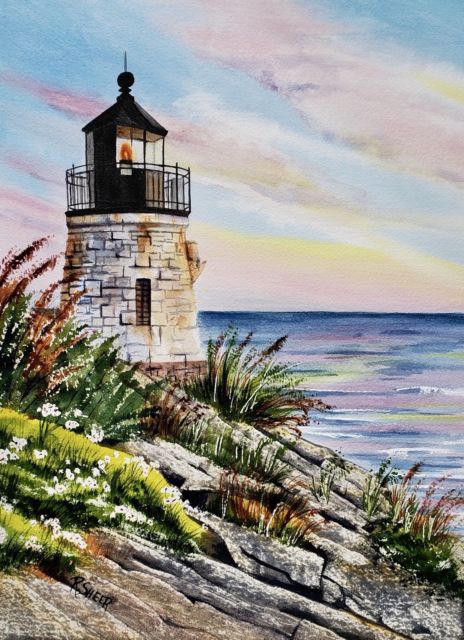 464x640 R. Sheer Original Watercolor Painting Castle Hill Lighthouse