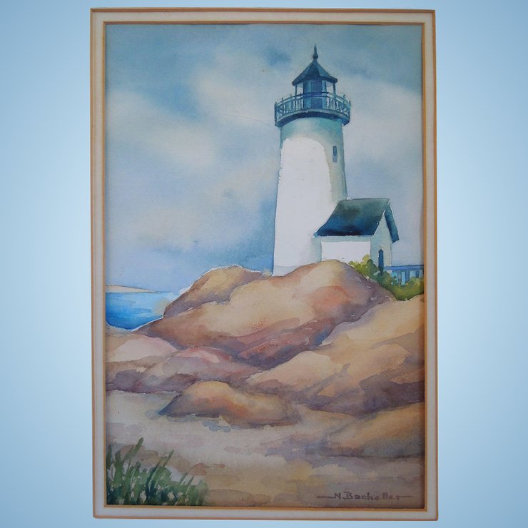 740x740 Watercolor Painting With Lighthouse, Artist Signed, N. Bacheller