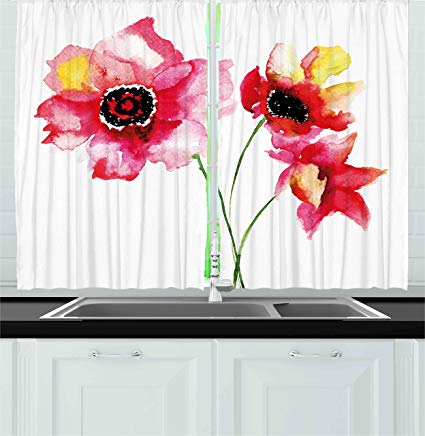 425x436 Ambesonne Floral Kitchen Curtains, Lily Flowers Blurry