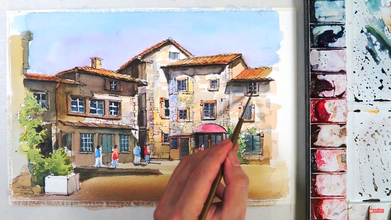 1280x720 Line And Wash Watercolor The Old Village Of Perouges In France