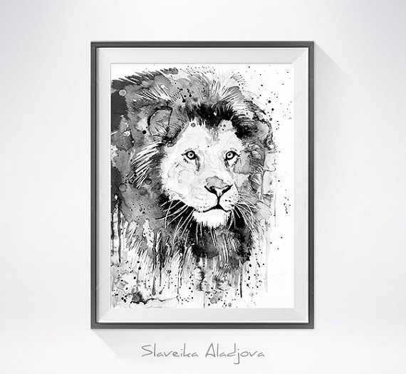 570x525 Black Amp White Lion Watercolor Painting Print