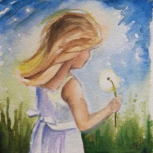 299x299 Dandelion Watercolor Painting Of Little Girl With White Dress