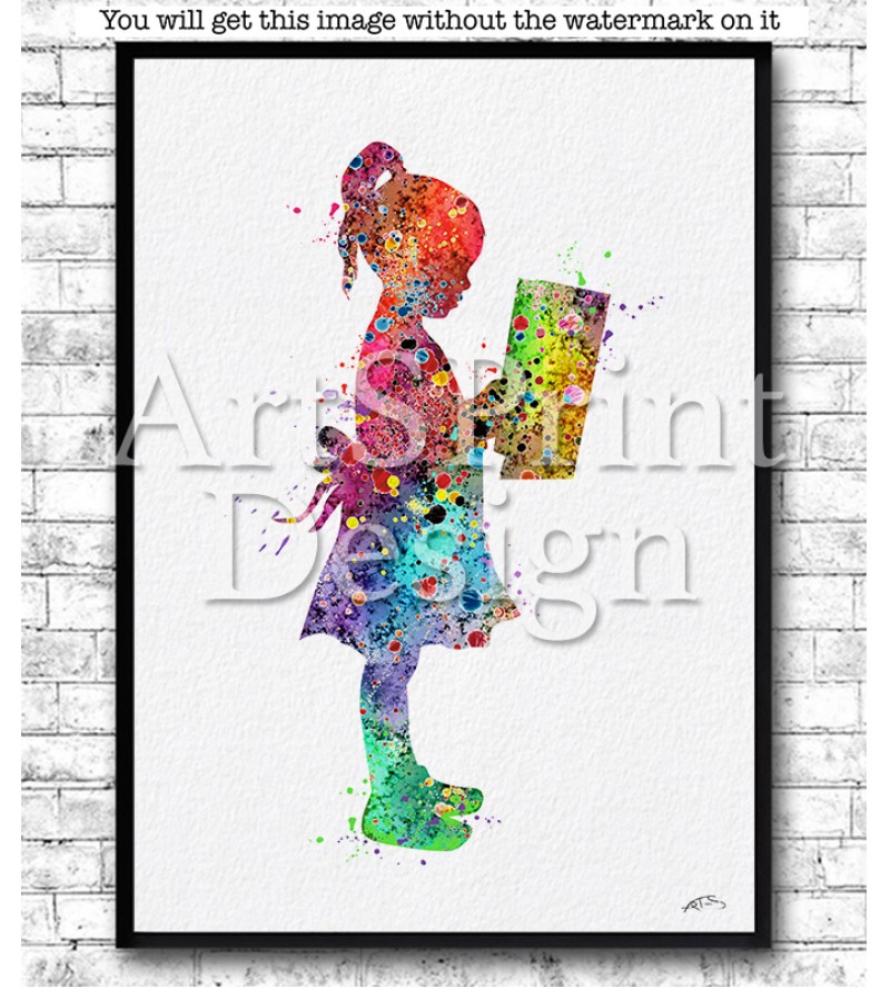800x888 Little Girl With A Book Watercolor Print