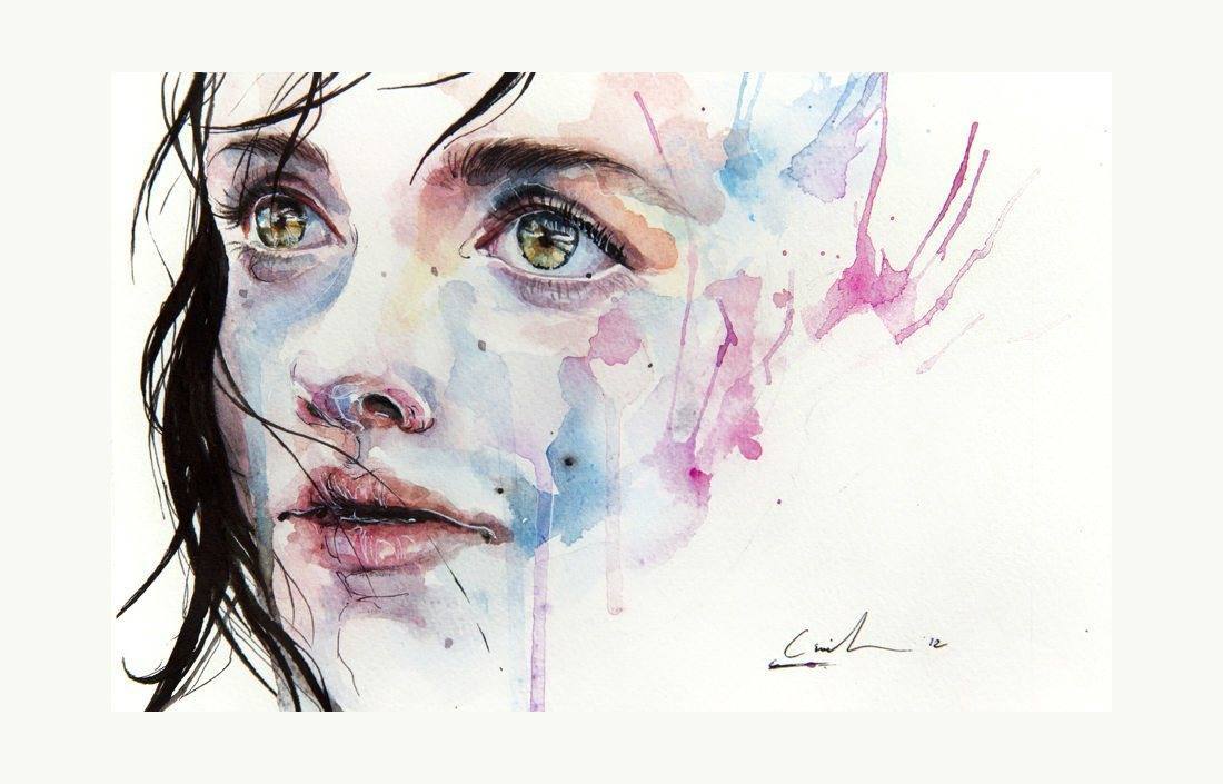 1100x705 Little Girl Child Art Portrait Watercolor Painting Face Ink Spill