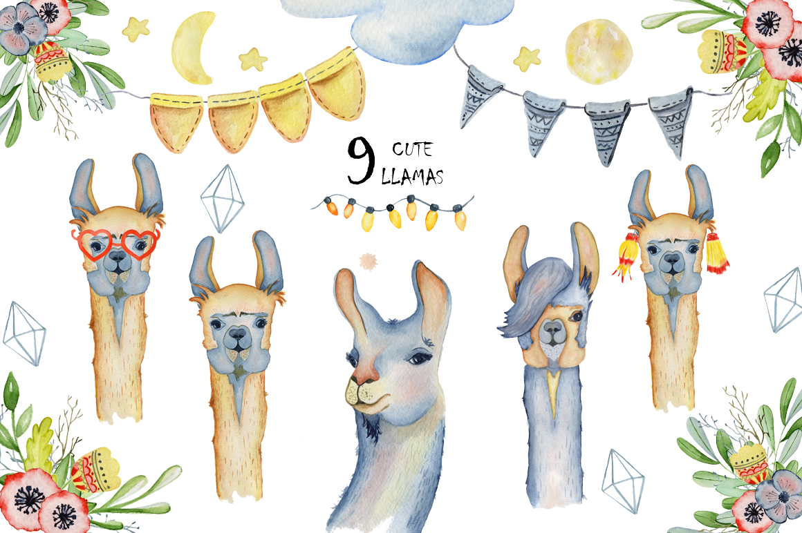 1160x772 Cute Llamas. Watercolor Animals Clipart