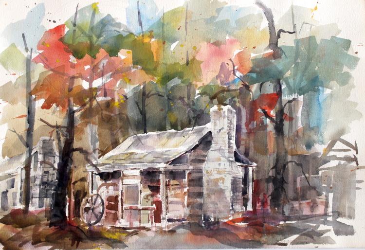 750x514 Jim Turner, Charming Log Cabin, Original Watercolor