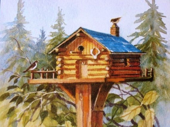 570x426 Log Cabin Rustic Bird House Watercolor Art Print Etsy