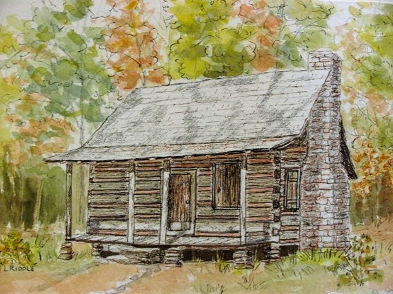 570x427 Log Cabins 3 Watercolor Pen Amp Ink Originals Set Of Three Etsy