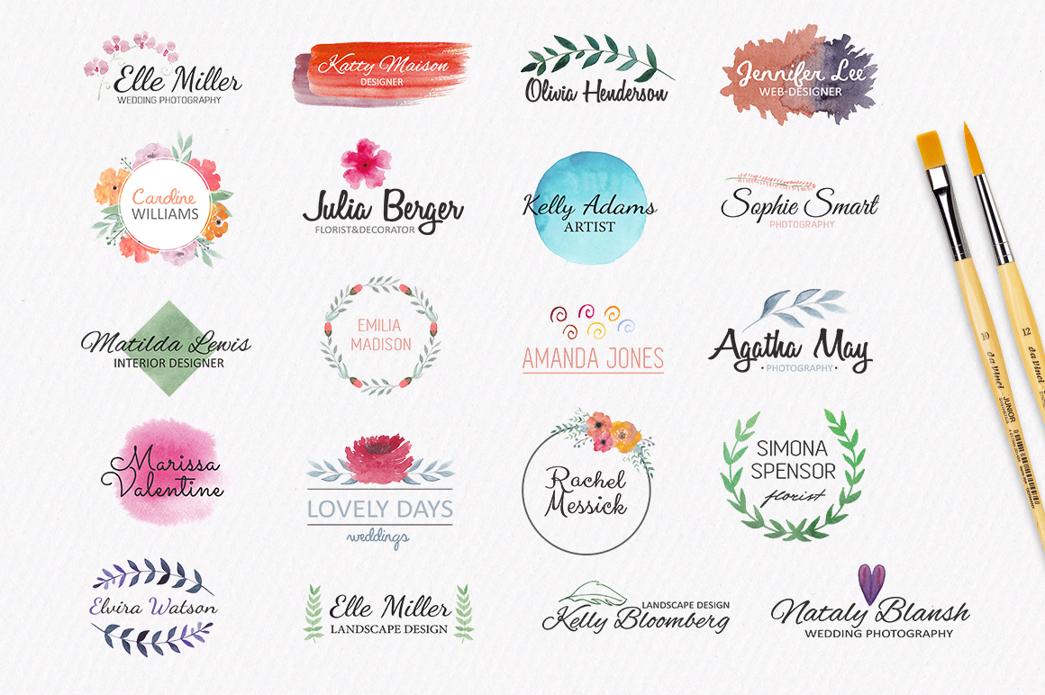 1160x772 Watercolor Logo Templates. 20 Premade Logos