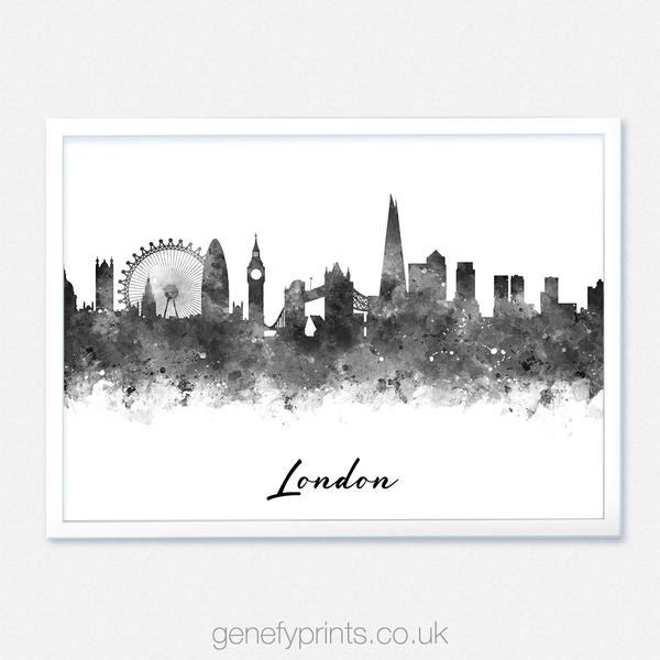 600x600 London Skyline Black And White Watercolor Print