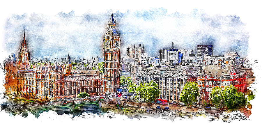900x426 London Skyline Watercolor Digital Art By Atsurge Jk Wang