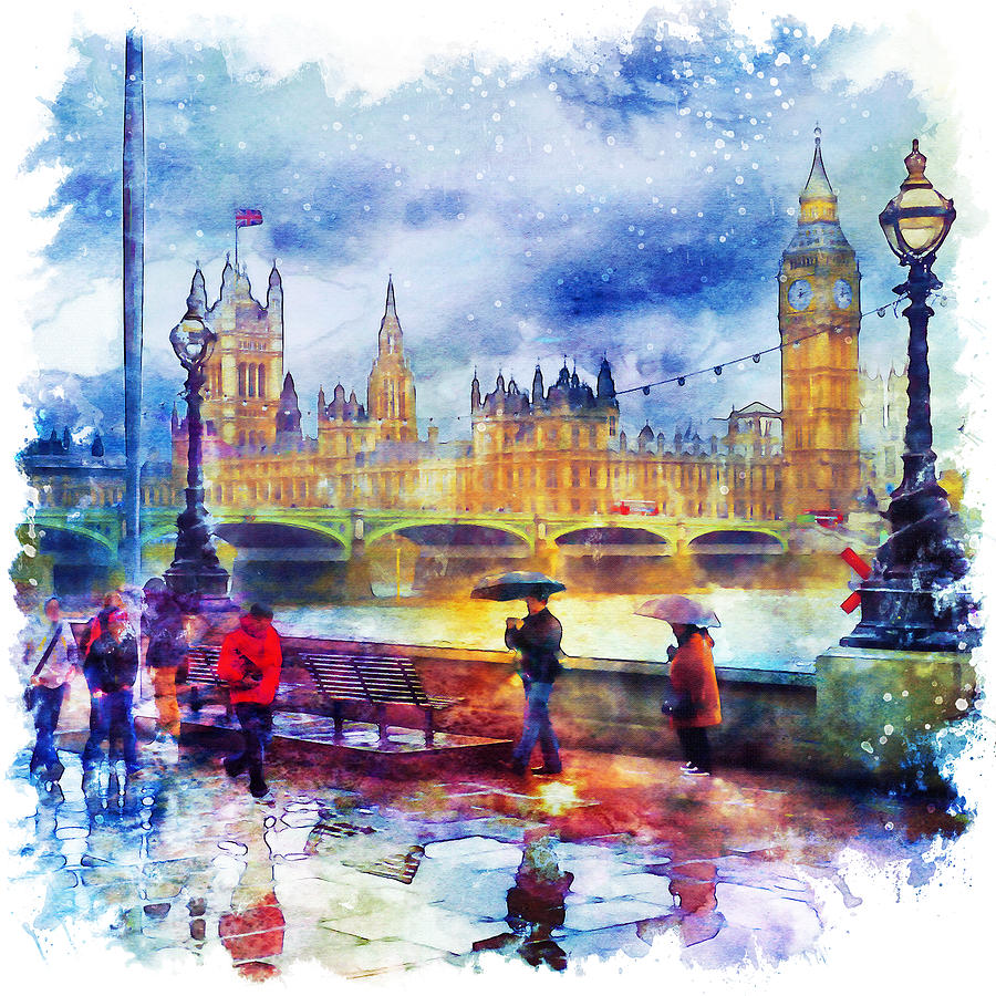 900x900 London Rain Watercolor Mixed Media By Marian Voicu