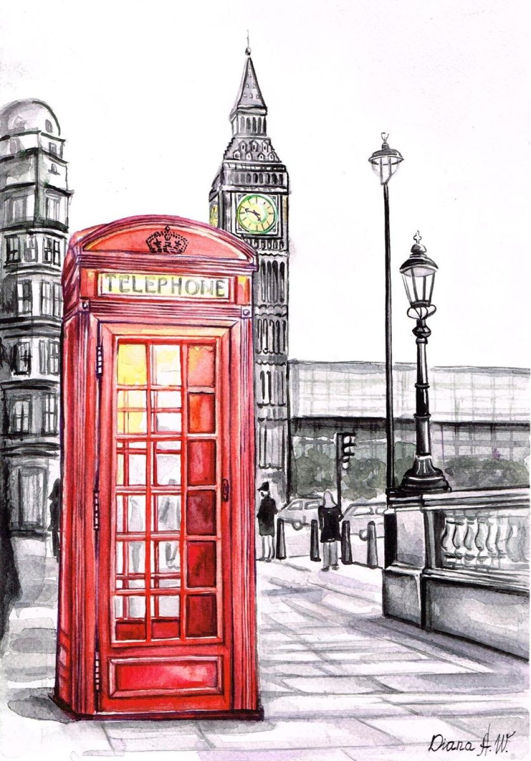 1046x1500 Diana Aleksanian Watercolor London, Red Telephone Box, Big Ben