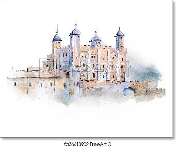 560x470 Free Art Print Of Tower Of London Watercolor Drawing, London, Uk