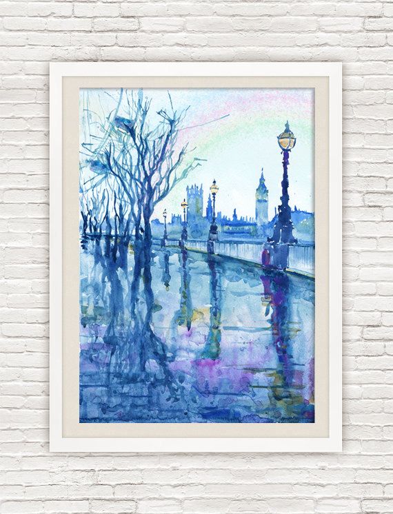 570x746 London , Watercolor Painting, Rain In The City , British