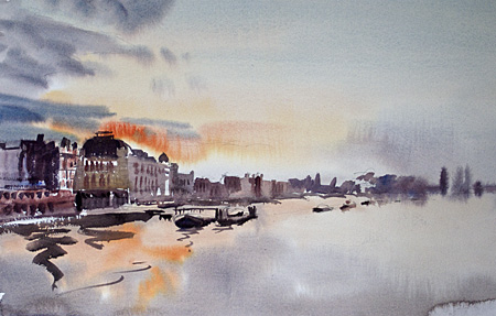 450x287 Watercolour Painting Of A Sunset On Putney Bridge, London