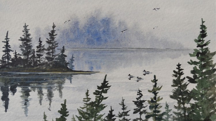 750x422 Watercolor Art Lake Scene With Birds