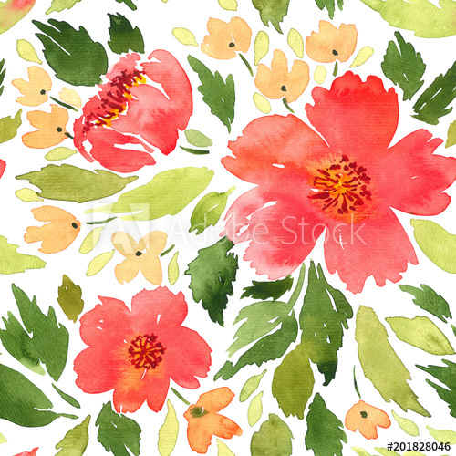 500x500 Seamless Watercolor Floral Pattern. Loose Flowers Painting