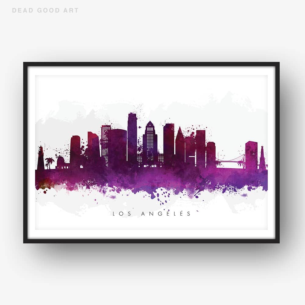 1000x1000 Los Angeles Skyline, Purple Watercolor Print Dead Good Art