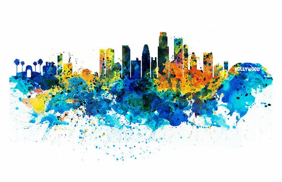 570x369 Los Angeles Skyline Watercolor Painting Wall Art Printable Art