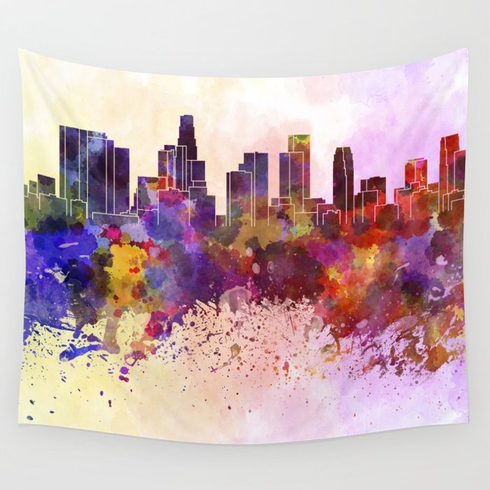 700x700 Los Angeles Skyline In Watercolor Background Wall Tapestry By