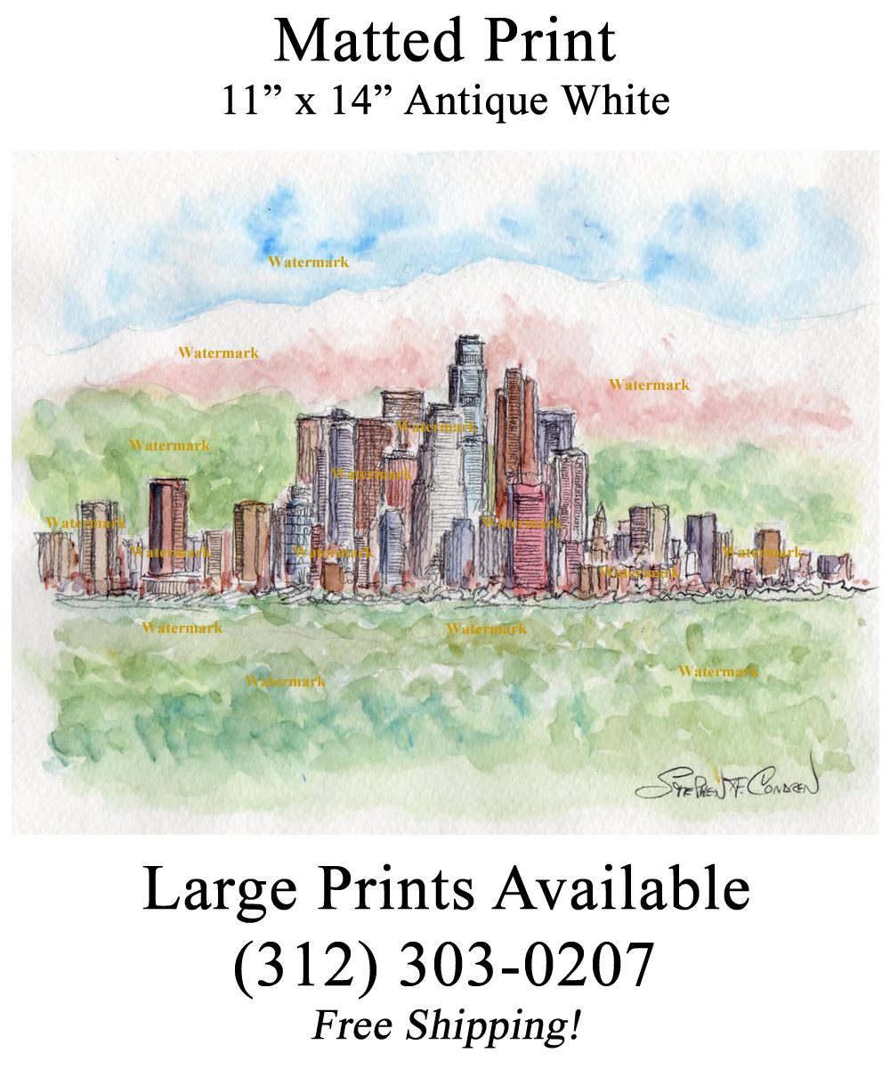 1000x1210 Los Angeles Skyline Watercolor Painting Of Downtown With Mountains.