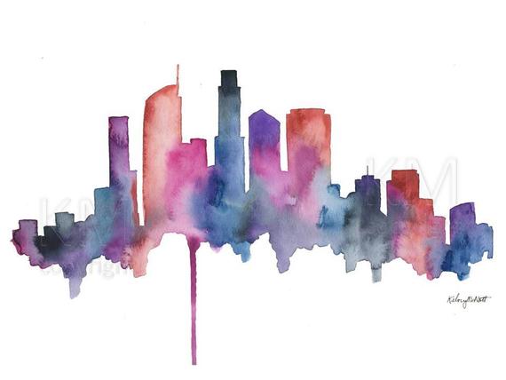 570x428 Watercolor Painting Los Angeles California Skyline Print Wall Etsy