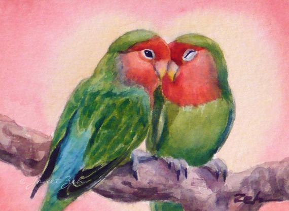 570x416 Love Birds Art Print Lovebirds Watercolor Valentines Day Bird Etsy
