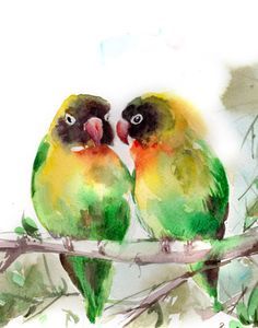 236x300 Lovebirds Art Print, Green Love Birds Couple, Bird Watercolor