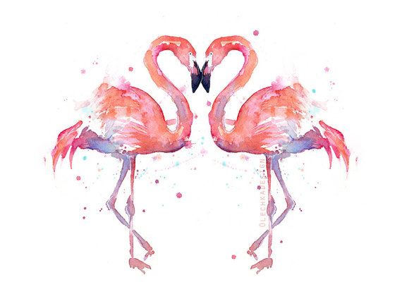 570x417 Two Flamingo Birds Watercolor Painting, Love Birds, Anniversary