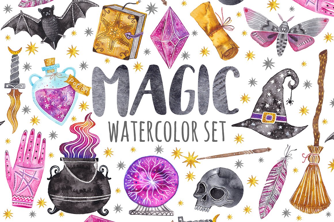 1160x772 Watercolor Magic Set. Witchcraft In Illustrations On Yellow Images