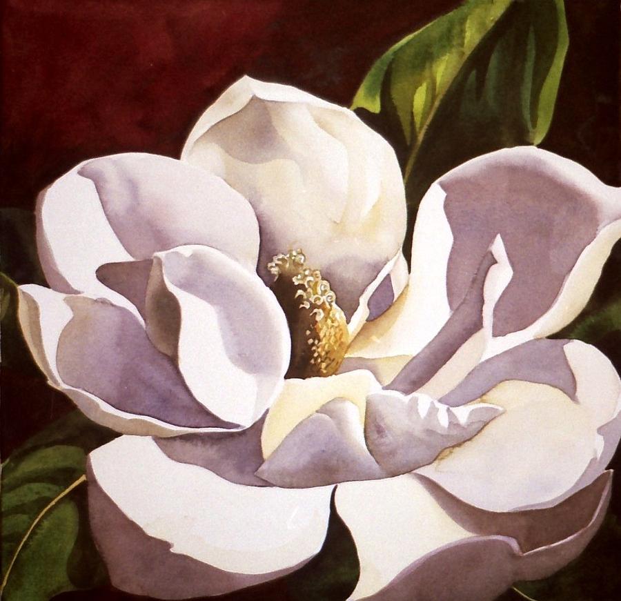 900x871 White Magnolia With Red Painting By Alfred Ng