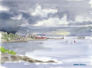 300x221 Red Tanker. Classic Maine. Boats, Clouds, Water. Watercolor