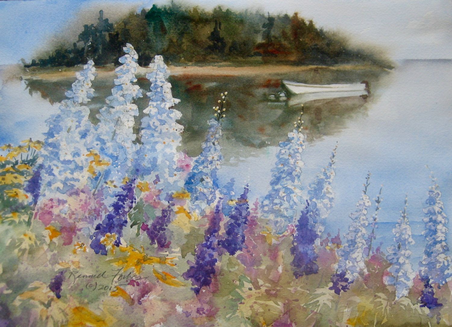 1500x1087 Summer In Maine Watercolor Original 11x15 Foxgloves Boat Small