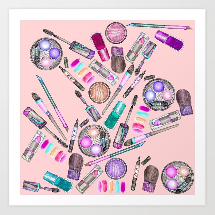 700x700 Girly Girl Hand Painted Watercolor Makeup On Pink Art Print By