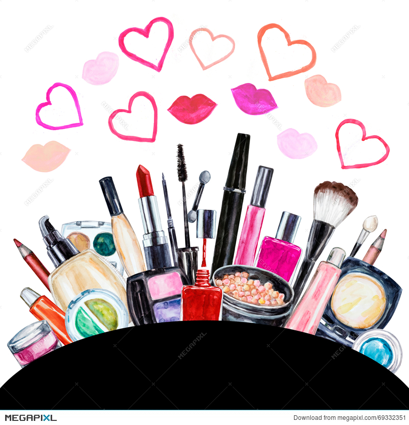 800x830 Set Of Various Watercolor Decorative Cosmetic. Makeup Products