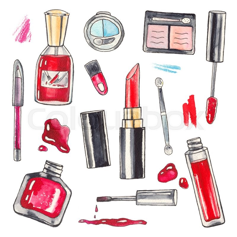 800x800 Watercolor Makeup Products Set. Cosmetics. Hand Drawn Painting