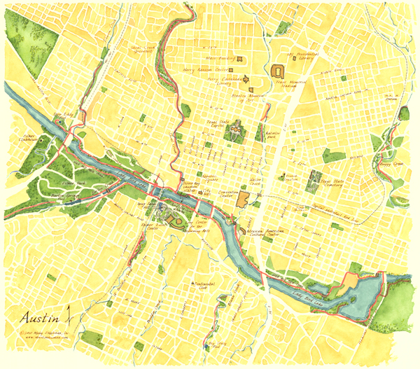 600x527 Watercolor Map Of Austin