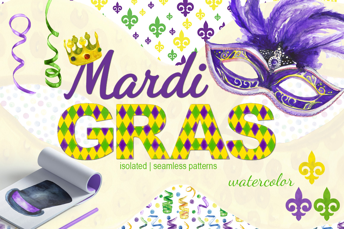 1160x772 Mardi Gras Watercolor Set In Illustrations On Yellow Images