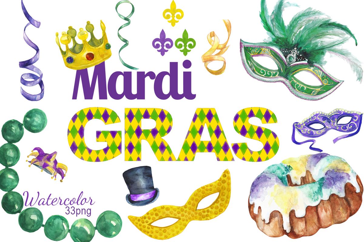 1200x800 Watercolor Mardi Gras Digital Clip Art